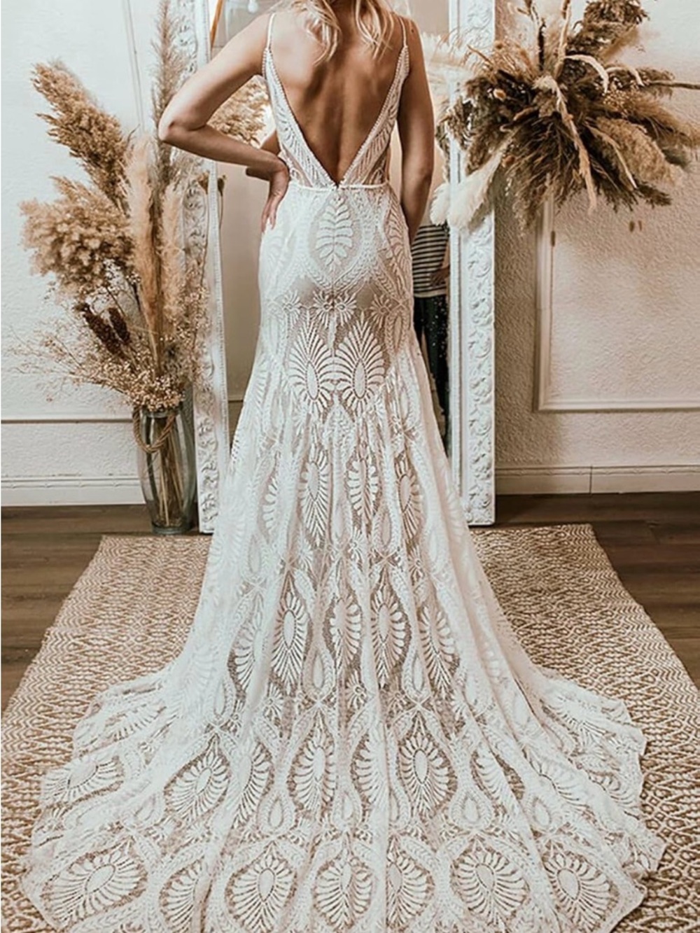 Lace Bohemian V-Back Maxi Dress in Ivory